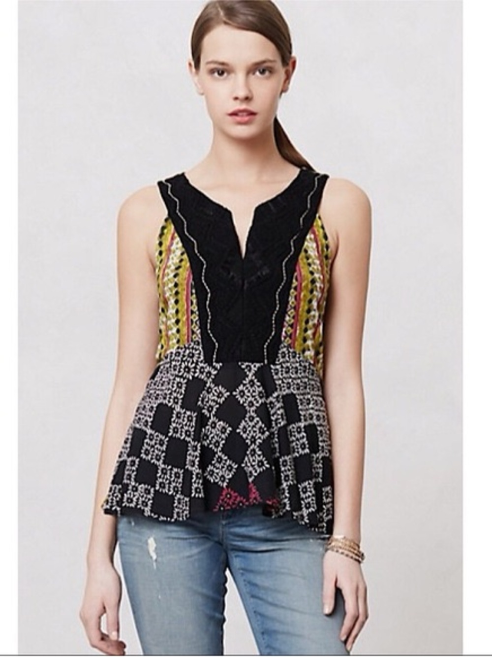 Meadow Rue Black Mixed-Print Peplum Camisole with Yellow Accents